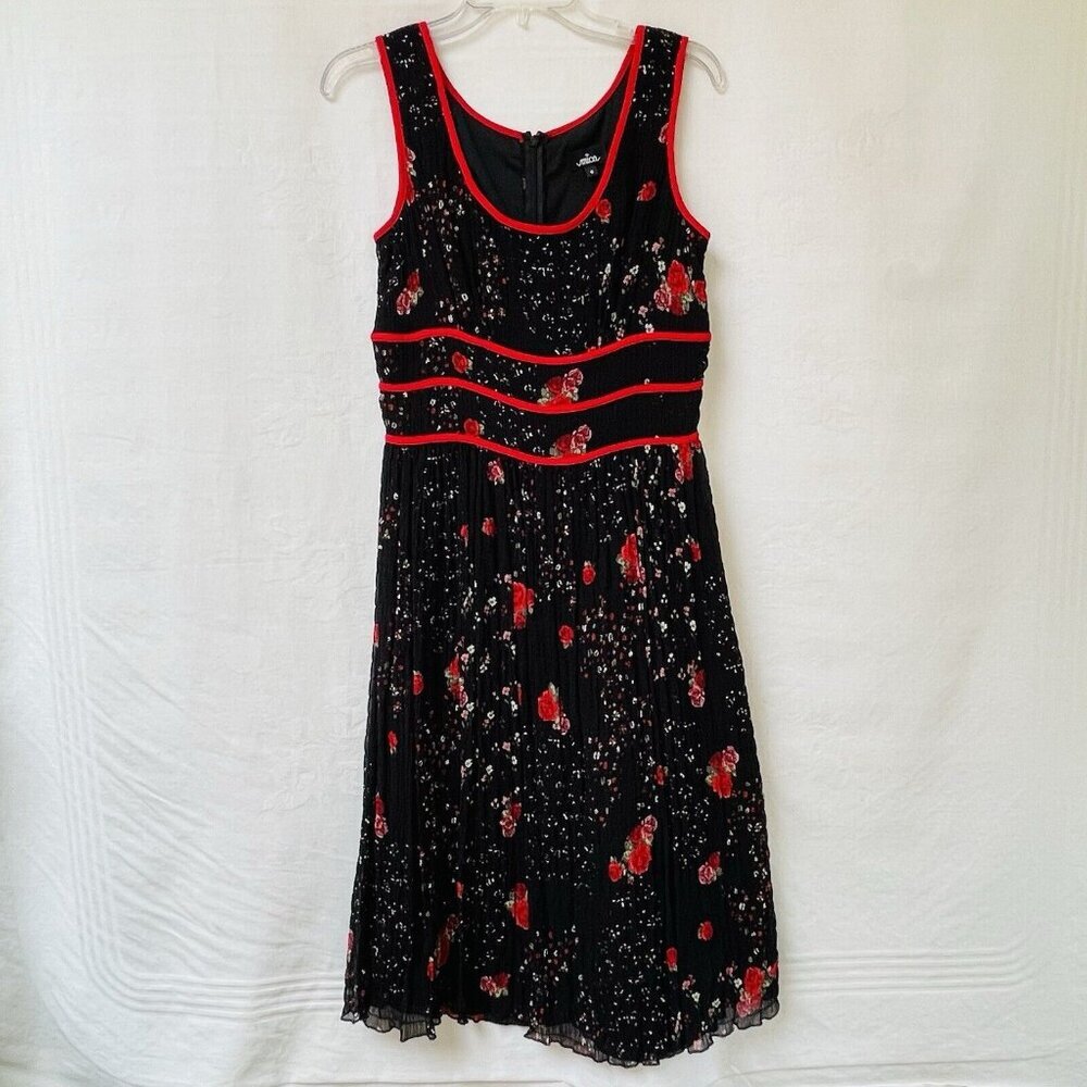 Mica Retro Midi Dress Womens 6 Red Floral Chiffon Fairy Whimsy Goth Babydoll Y2k